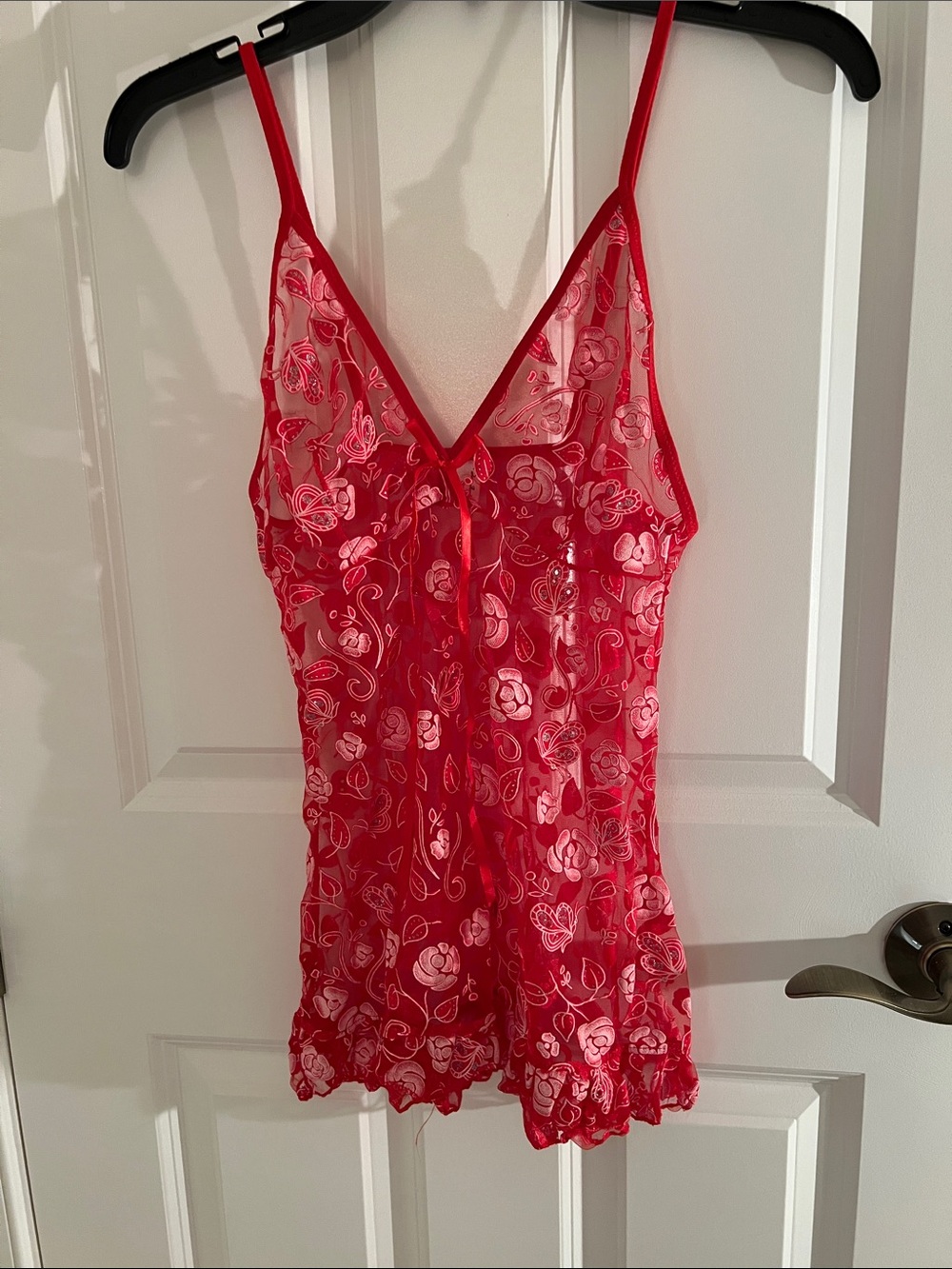 Red Lace Floral Sheer With Sparkles Nicely Placed Chemise - Women Intimates